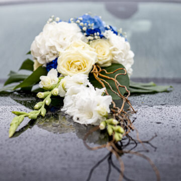 Décoration florale voiture hortensias
